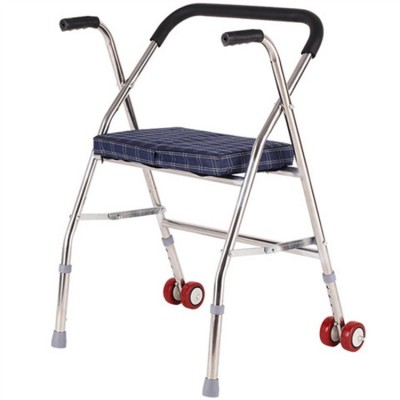 老人助行器不锈钢轻便折叠残疾人助步器 四脚老年带轮手推助行器